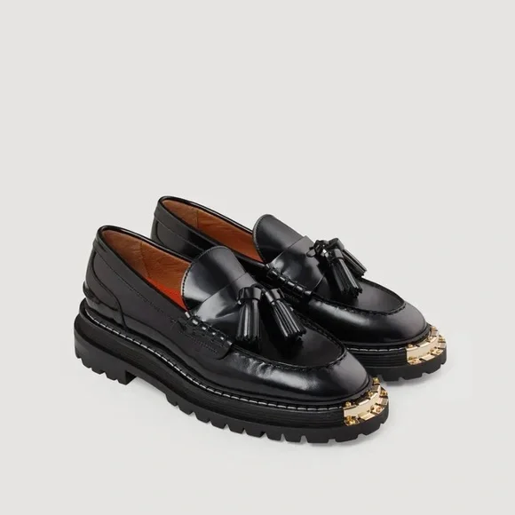 Sandro Black Tassel Loafers with Gold Accents - Picture 2 of 6